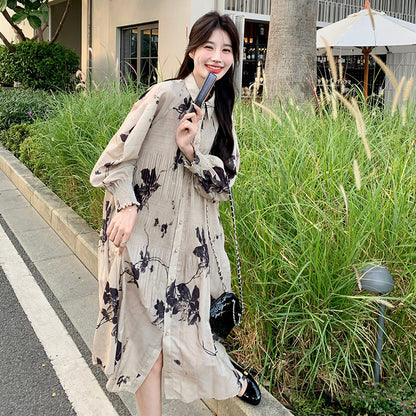 【ワンピース】春秋 ボディラインを美しく見せる レトロ 花柄 プリーツ 長袖ワンピース【SHシリーズ】