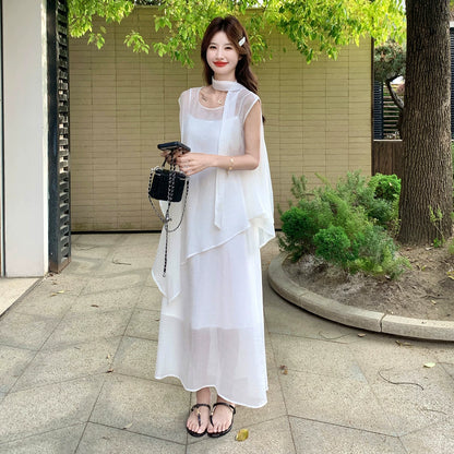 【セットアップ】韓国風 レディース ワンピースセット ノースリーブワンピース ブラウス ロング丈 大人可愛い 上品コーデ【JZシリーズ】