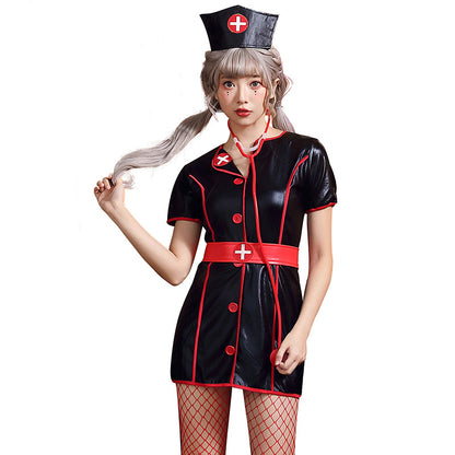 【ハロウィン】PUレザー黒ナースコスプレ・パーティー・ナイトクラブ・制服ワンピース