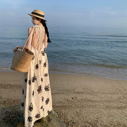 【ワンピース】リゾート風 ローズプリント ノースリーブワンピース レディース 夏 ホルターネック バックオープン 細見え フレアシルエット【SHシリーズ】
