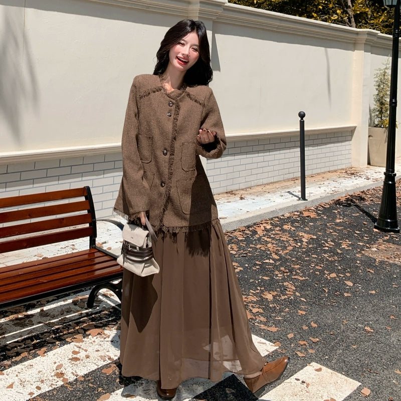 2点セット！【セットアップ】レトロ フレンチスタイル ジャケット＋キャミソールワンピース 秋新作 上品 気質 上下セット【JZシリーズ】