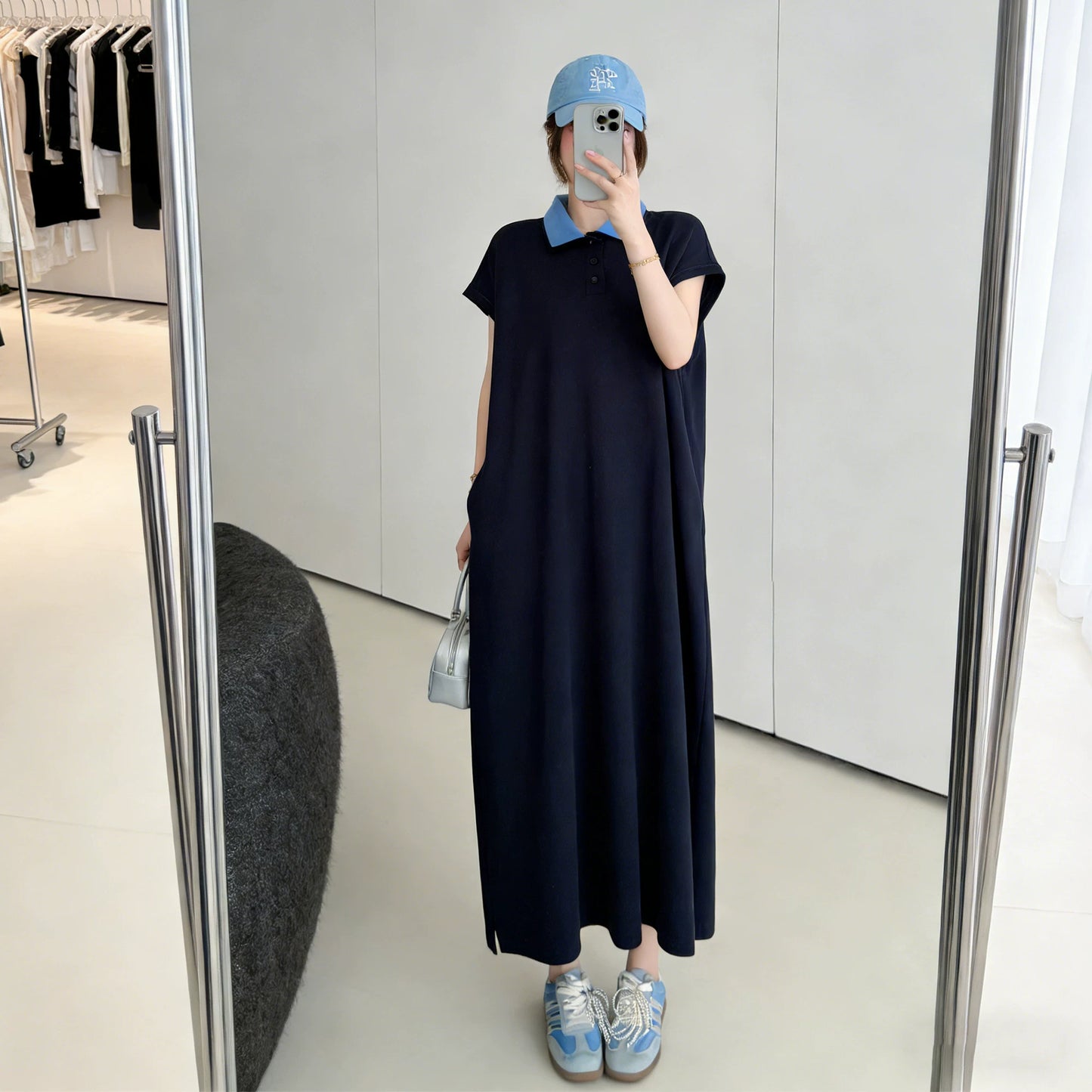 【ワンピース】配色デザインが映える✨襟付き ワンピース 半袖 ロング丈 韓国風 大きいサイズ ゆったり 体型カバー【JZシリーズ】