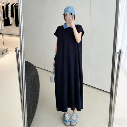 【ワンピース】配色デザインが映える✨襟付き ワンピース 半袖 ロング丈 韓国風 大きいサイズ ゆったり 体型カバー【JZシリーズ】