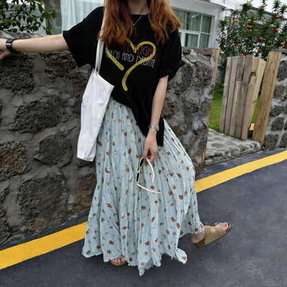 【ボトムス】花柄 韓国風 フラワープリント プリーツロングスカート レディース 夏 ハイウエスト ゆったり 上品 大人可愛い【SHシリーズ】