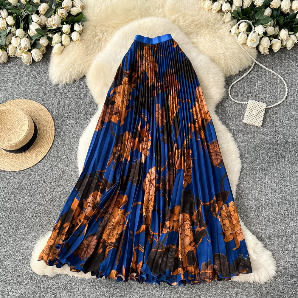 期間限定🍂60%OFF【ボトムス】レトロプリントAラインプリーツロングスカート レディース ハイウエスト 個性派デザイン きれいめ 通勤 大人っぽい【SHシリーズ】