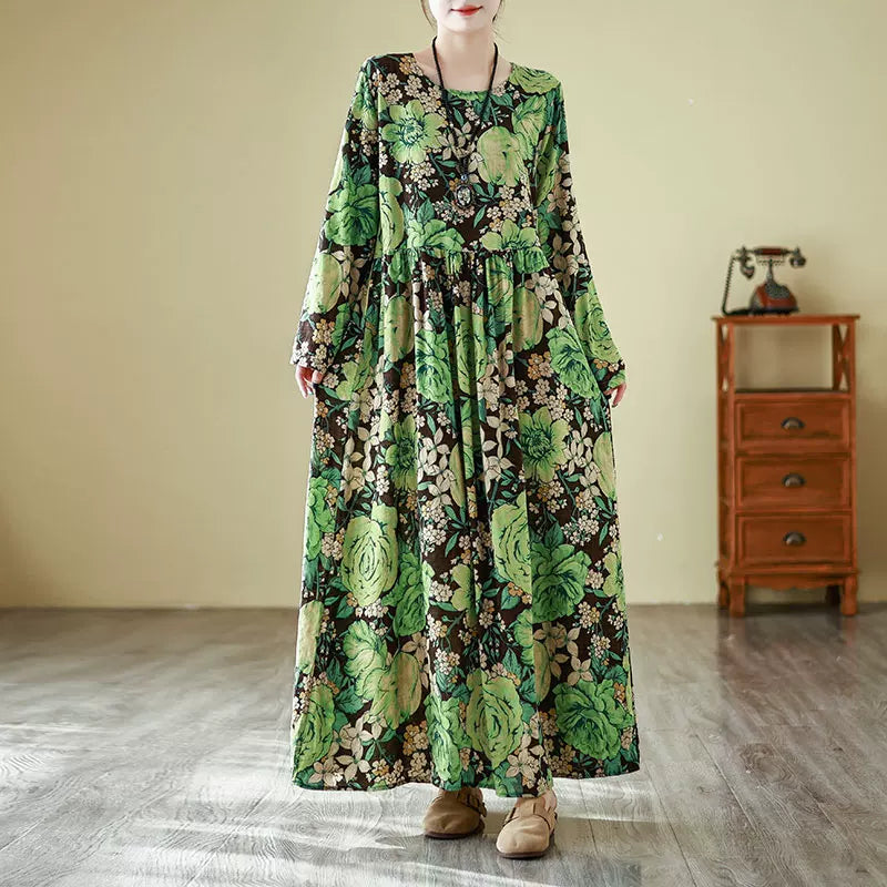 【ワンピース】花柄 気質アップ レディース 長袖ワンピース リゾート風 旅行用 丸首 ヴィンテージ風 レス【SHシリーズ】