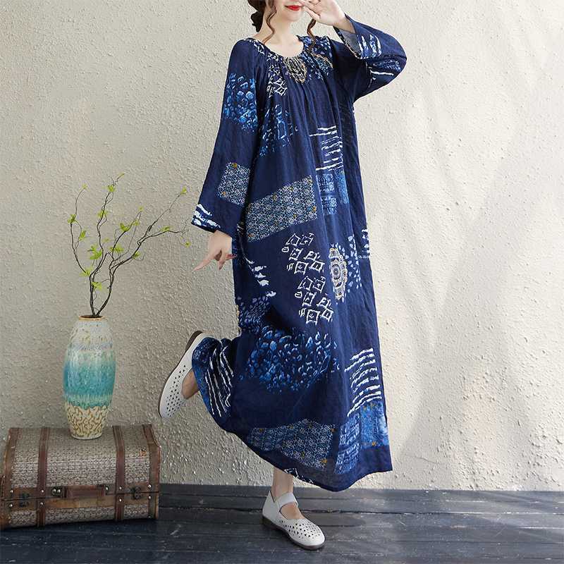 【ワンピース】春 秋 夏 クルーネック ギャザー入り プリント 長袖 ワンピース 【SHシリーズ】