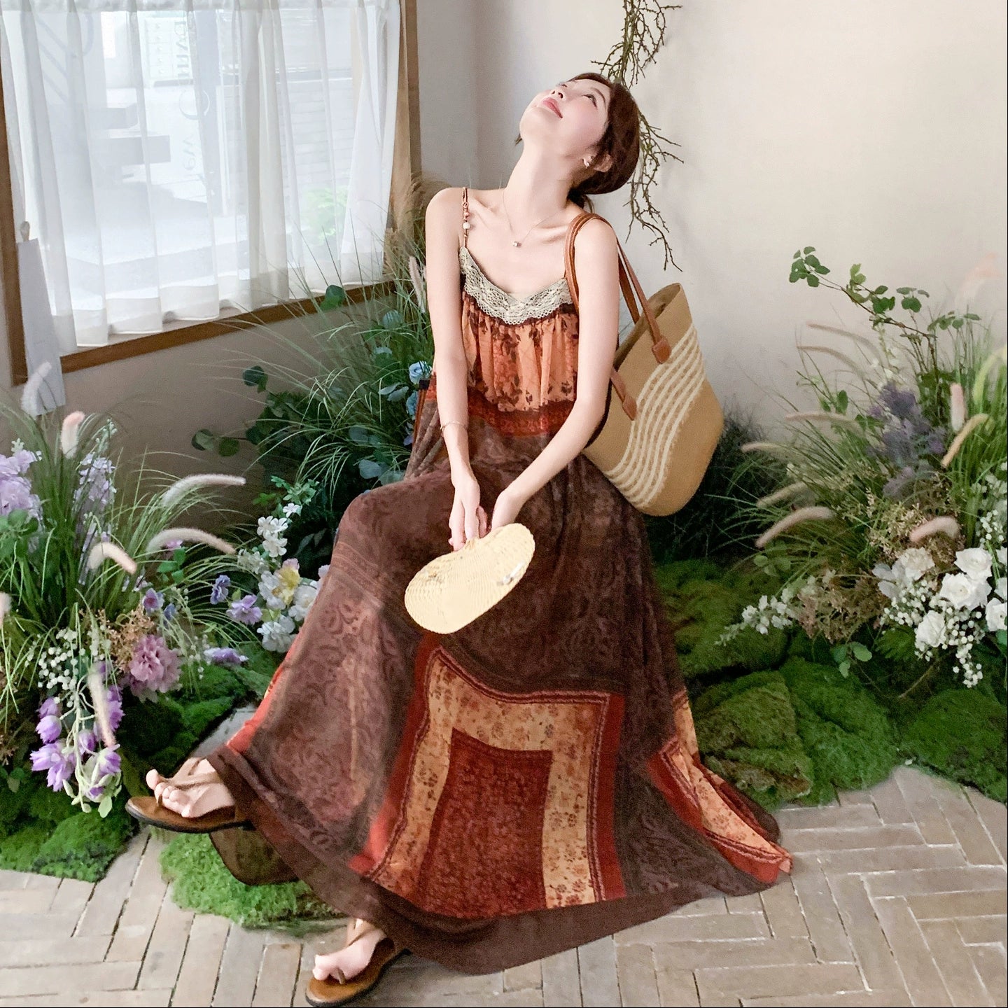 【ワンピース】フレンチ民族風 リゾート 色分けプリント ノースリーブキャミソールワンピース【SHシリーズ】