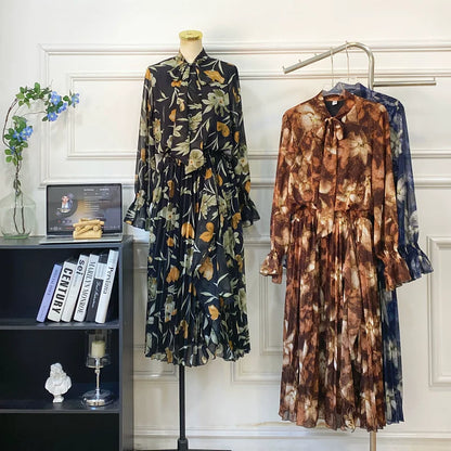 期間限定⭐️60%OFF【ワンピース】リボン付き シフォン ハイウエスト 小花柄 長袖 ワンピース 【SHシリーズ】