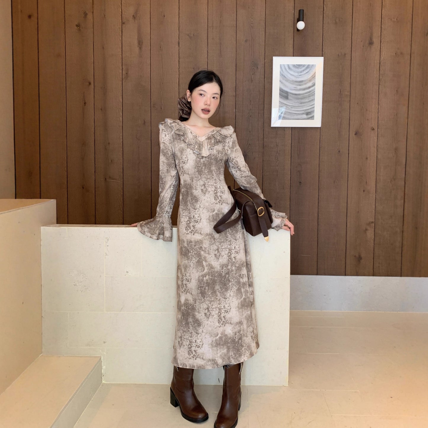 【ワンピース】春 秋 夏 フレアスリーブ フリル フレンチ風 長袖 ワンピース 【SHシリーズ】