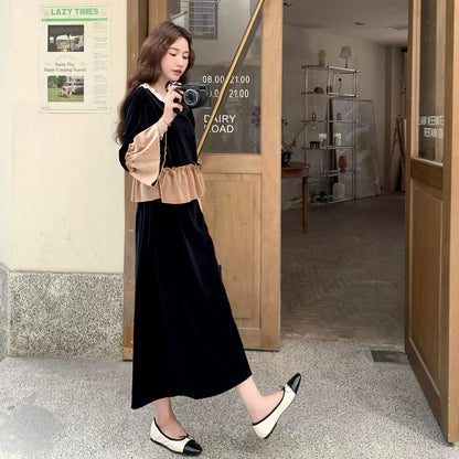 2点セット！【セットアップ】ベルベットフリルブラウス＆Aラインスカートセット レディース 秋新作 ブラック フレンチシック 上下セット エレガント【JZシリーズ】