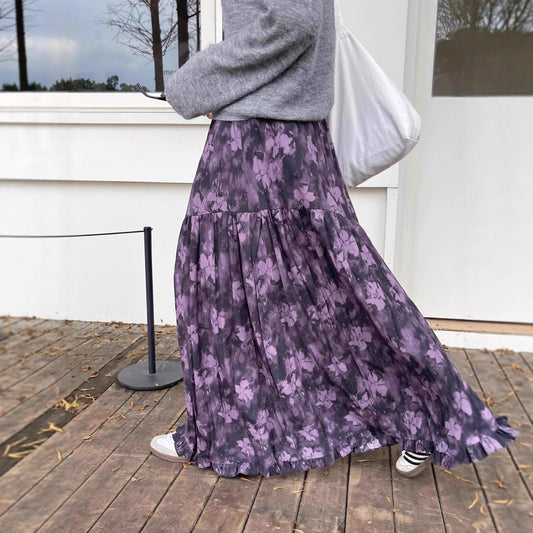 【ボトムス】花柄 ハイウエスト ゴム入り Aラインロングスカート レディース ゆったり 体型カバー  細見え シフォン 春夏秋コーデ万能【SHシリーズ】