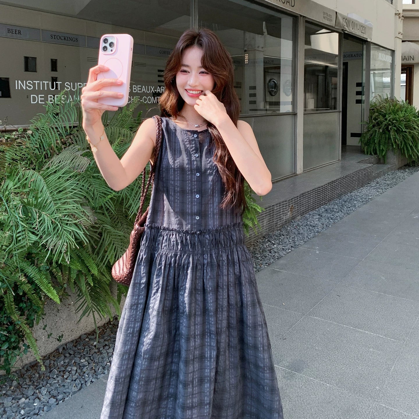 【ワンピース】韓国風 チェック柄 レディース 夏 ノースリーブ ロングワンピース 細見え 大人可愛い【JZシリーズ】