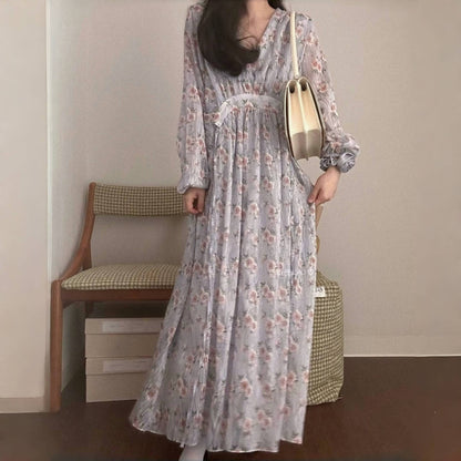 【24AW】【ワンピース】chic レトロ Vネック花柄 合わせやすい 長袖ワンピース