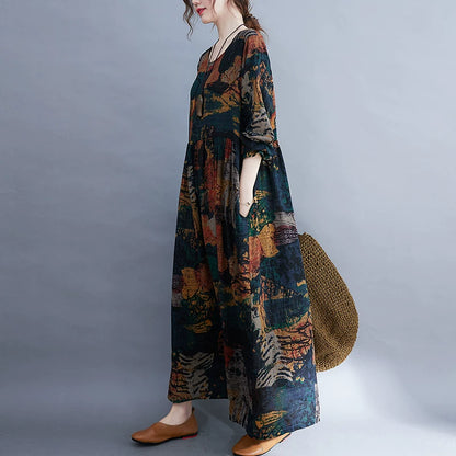 【ワンピース】花柄 大きいサイズ レトロ ラウンドネック 長袖 プリント ワンピース 春秋新作ドレス【SHシリーズ】