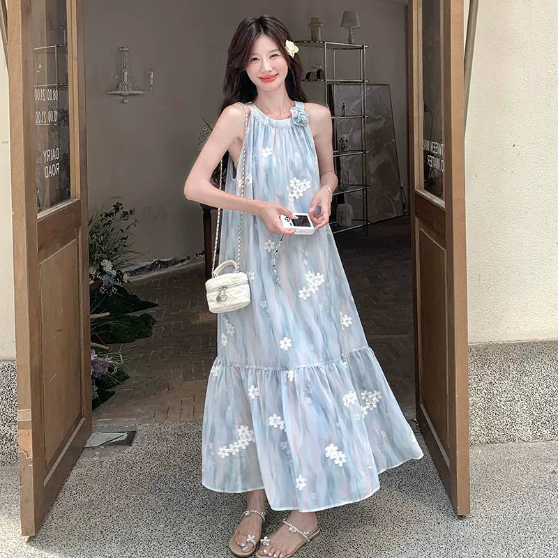 【ワンピース】リゾート風 ブルー立体フラワーワンピース レディース ノースリーブ ホルターネック 中長丈 ゆったり 体型カバー おしゃれ【SHシリーズ】