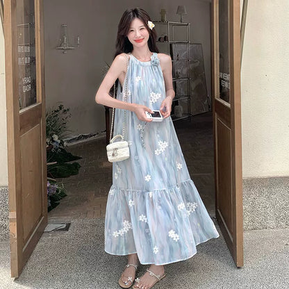 【ワンピース】リゾート風 ブルー立体フラワーワンピース レディース ノースリーブ ホルターネック 中長丈 ゆったり 体型カバー おしゃれ【SHシリーズ】