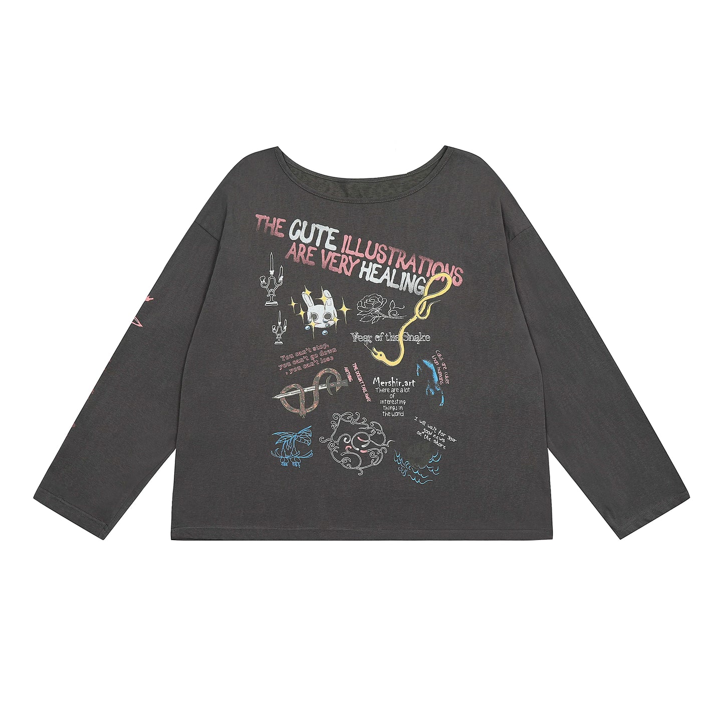 【トップス】ゆったり 趣味落書き風 ラウンドネック 長袖Tシャツ レディース 夏 薄手 カジュアル【FCシリーズ】【15〜20日発送】
