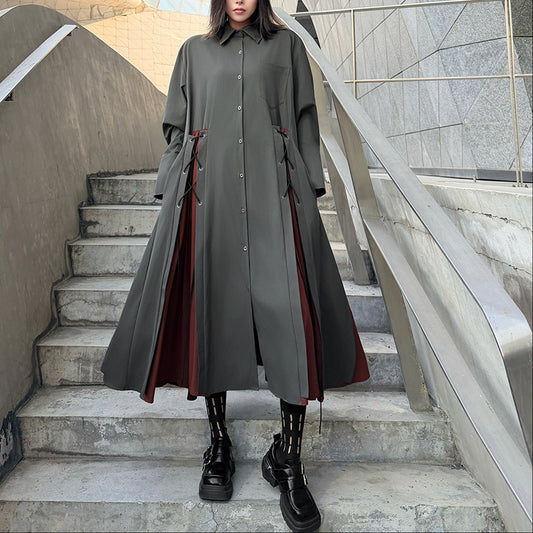 【ワンピース】配色デザイン ポロ襟  ゆったり 上品 すっきり見え Aラインスカート 【AHシリーズ】