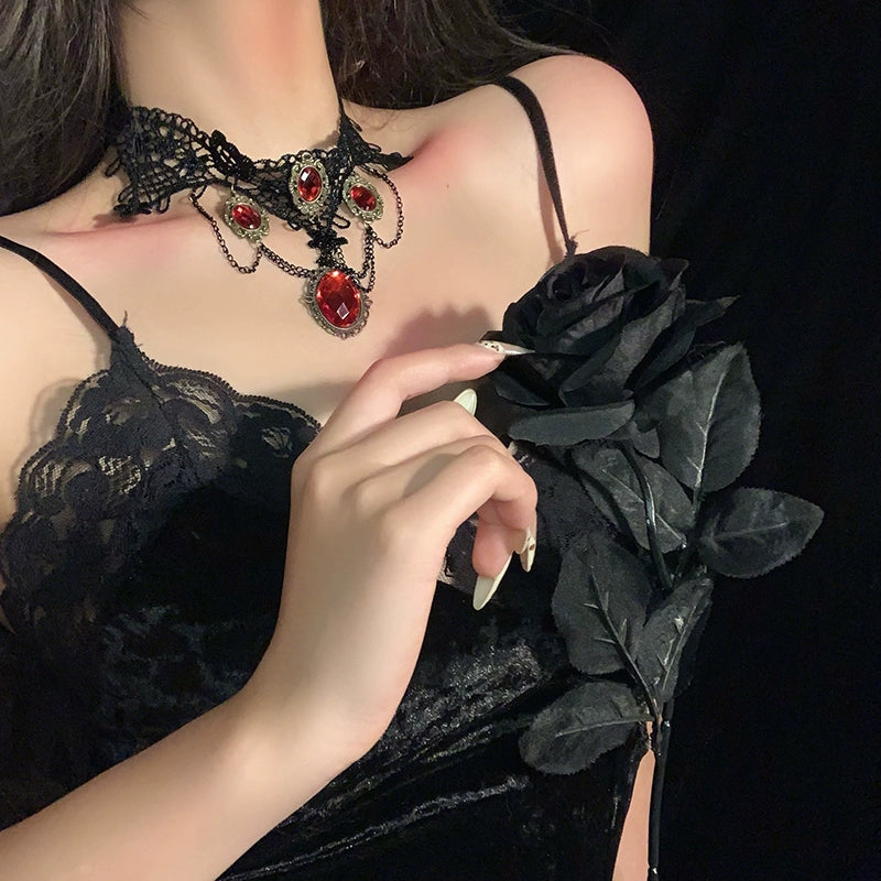 【ハロウィン】ゴシック風 レースチョーカー ダークレッド宝石 フリンジネックレス アクセサリー