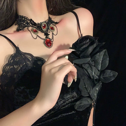 【ハロウィン】ゴシック風 レースチョーカー ダークレッド宝石 フリンジネックレス アクセサリー