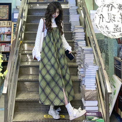 【セットアップ】プラスサイズ 合わせやすい チェック柄 Ｔシャツ+ノースリーブワンピース 2点セット【JZシリーズ】