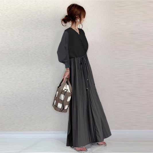 【ワンピース】秋 長袖ワンピース レディース Vネック シャーリング プリーツ ゆったり カジュアル