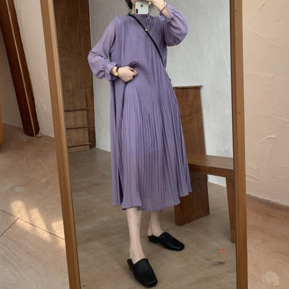 【24AW】【ワンピース】Chic シフォン ルーズ パープル プリーツ 長袖ワンピース