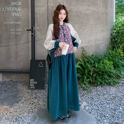 【ワンピース】高級感 プリント切り替えベルベット長袖ワンピース レディース 春秋冬 フレンチエレガントロングドレス【SHシリーズ】