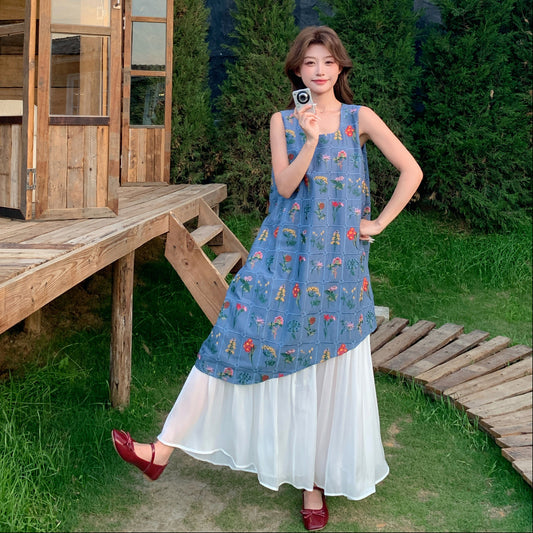 【ワンピース】フレンチ風エレガント お洒落配色プリント風フェイクレイヤード ノースリーブワンピース【SHシリーズ】