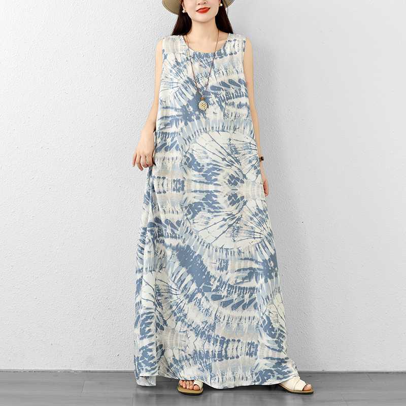 【ワンピース】韓国風 タイダイ柄ワンピース レディース 夏 ノースリーブ ブルー ゆったり ロング丈 体型カバー【SHシリーズ】