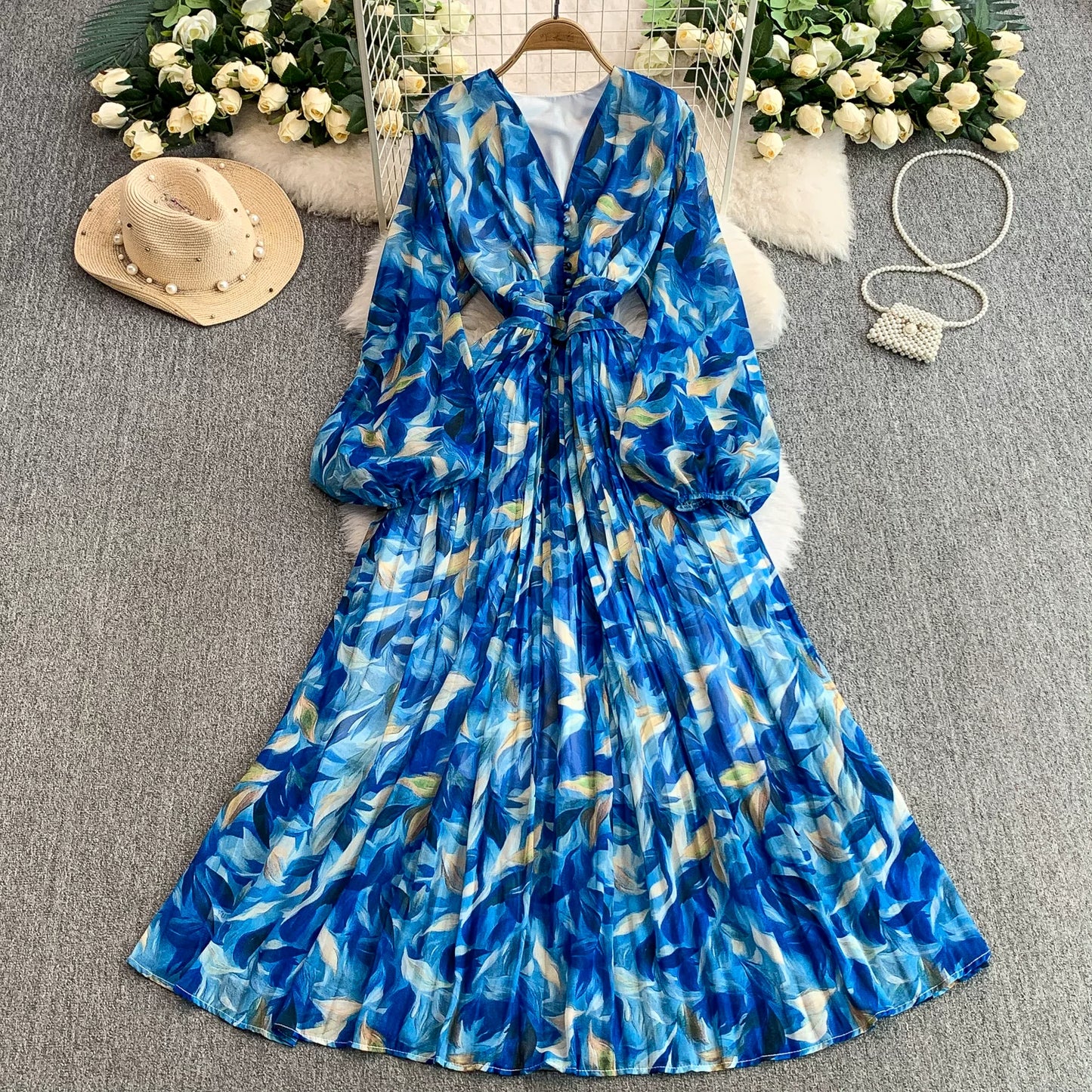 【ワンピース】大人フェミニン♡フレンチレトロ 長袖 花柄ワンピース｜ウエストマーク＆パフスリーブで細見え【SHシリーズ】