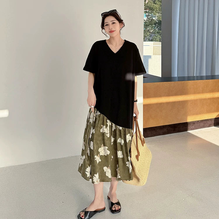 【ワンピース】Vネック 体型カバー ティアード 切り替えデザイン 長袖 ワンピース 【SHシリーズ】