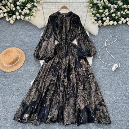 【ワンピース】ウエストマークプリントワンピース レディース 秋新作 長袖 クルーネック ボリュームスリーブ プリーツ フレア【SHシリーズ】