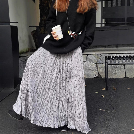 【ボトムス】レトロ花柄スカート レディース ゆったり体型カバー 大きめフレア ロング プリーツスカート【SHシリーズ】