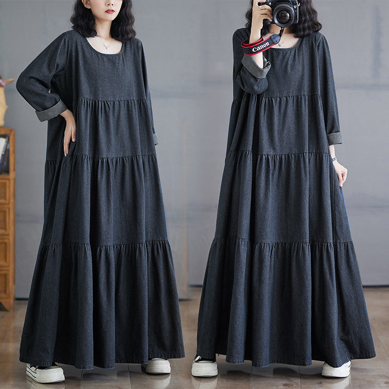 [洋裝] 春秋冬復古寬鬆大尺碼長袖牛仔連身裙