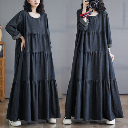 [洋裝] 春秋冬復古寬鬆大尺碼長袖牛仔連身裙
