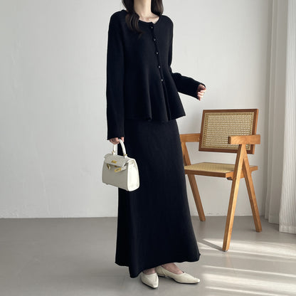 【セットアップ】春 秋 冬 ニットカーディガン + フロア丈 ロングスカート 2点上下セット 【SNシリーズ】