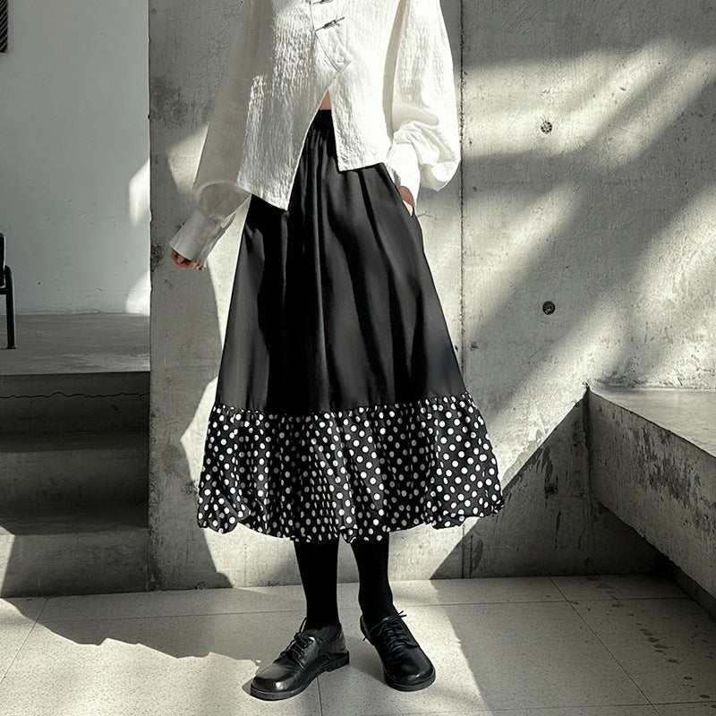 【ボトムス】春 秋 冬 ウエストゴム バルーン裾 ドット切り替え Aライン スカート 【AHシリーズ】