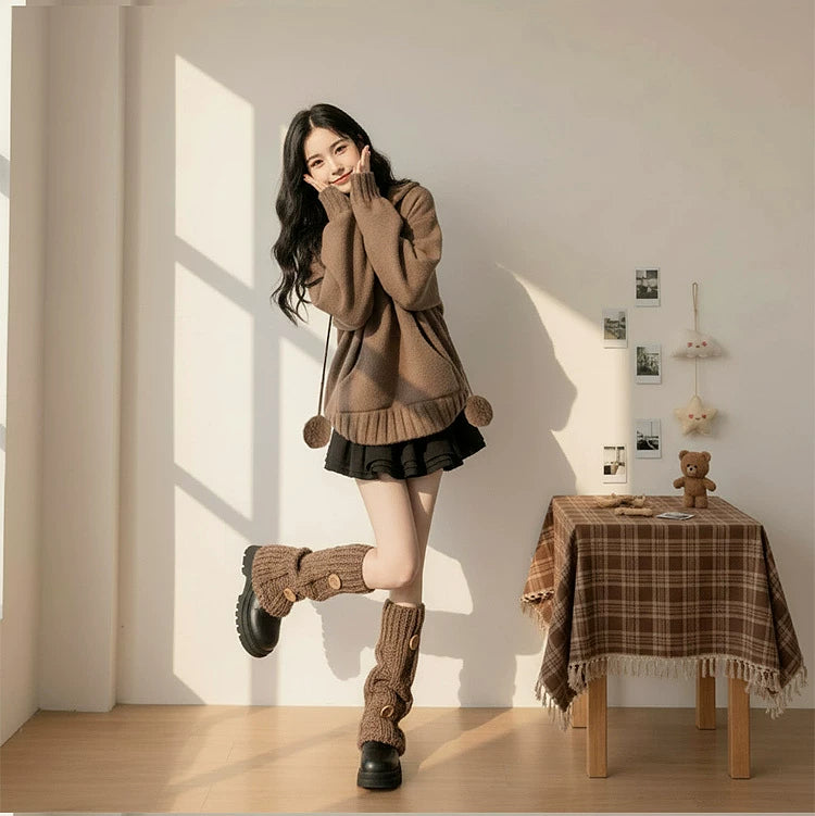 【セットアップ】コーヒー フード付き セーター + ブラックワンピース 2点上下セット【JZシリーズ】