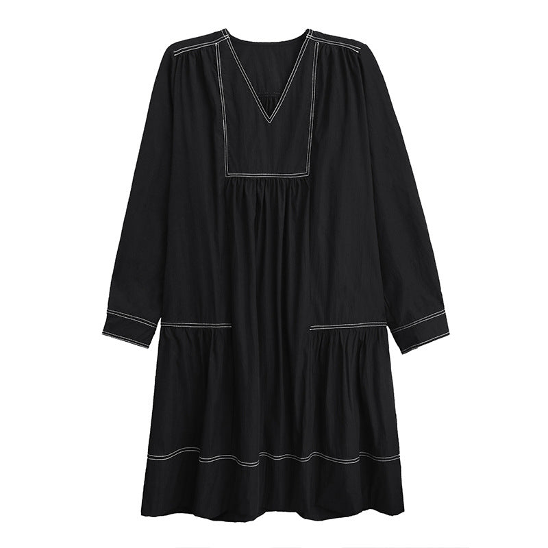 【ワンピース】新作 おしゃれ ゆったり ステッチ入り Vネック Aライン ショート丈長袖ワンピース【AHシリーズ】