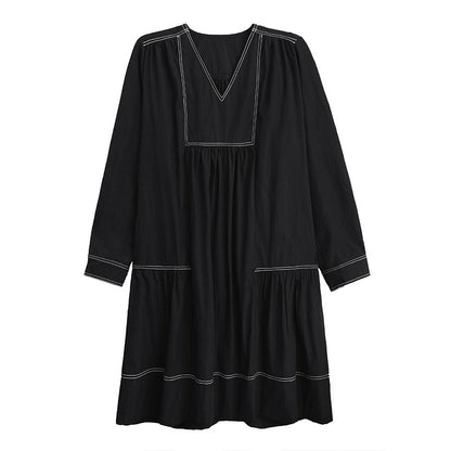 【ワンピース】新作 おしゃれ ゆったり ステッチ入り Vネック Aライン ショート丈長袖ワンピース【AHシリーズ】