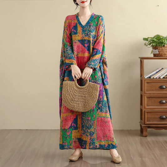 【60%OFF⭐️早い者勝ち】【ワンピース】大きいサイズ 花柄 リゾート風 Vネック レトロ 長袖ワンピース 体型カバー【SHシリーズ】