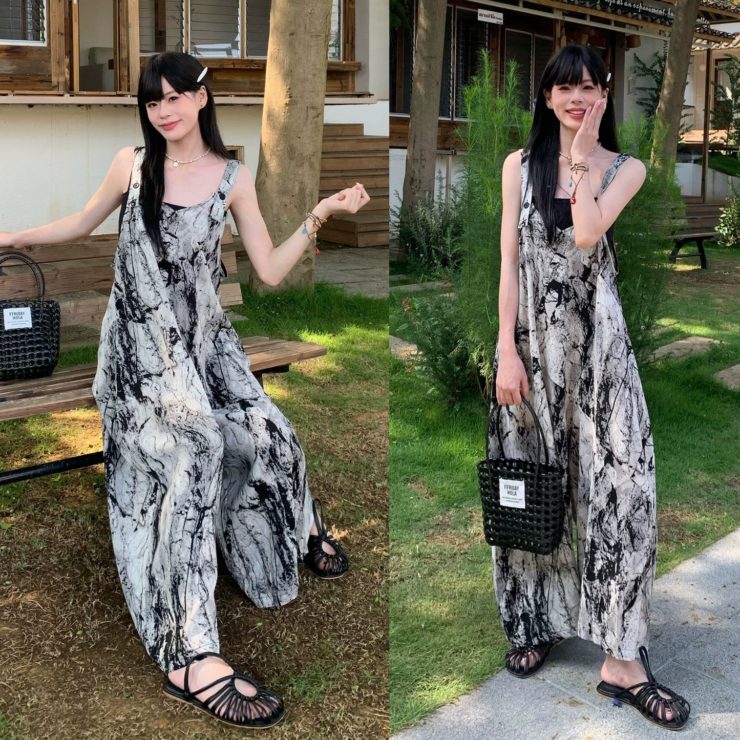 【ボトムス】水墨グラデーション柄 サロペット レディース オールインワン 夏 Vネック ワイドパンツ ゆったり 体型カバー 体型カバー リラックス レトロ アート風【SHシリーズ】