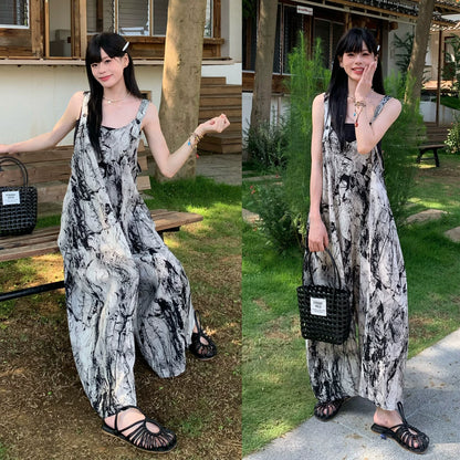 【ボトムス】水墨グラデーション柄 サロペット レディース オールインワン 夏 Vネック ワイドパンツ ゆったり 体型カバー 体型カバー リラックス レトロ アート風【SHシリーズ】