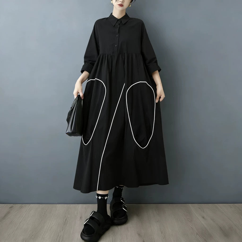 【ワンピース】ダークモードアシンメトリーデザイン配色シャツワンピース レディース 2026春秋新作 韓国風 カジュアル【JZシリーズ】
