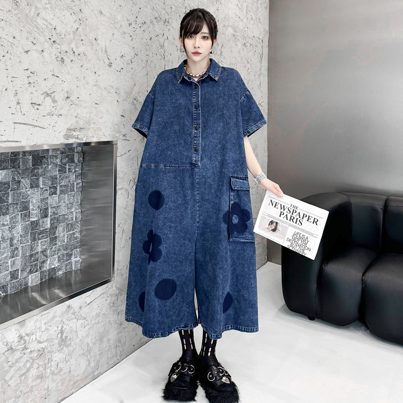 【ボトムス】デザインデニムオールインワン レディース 春夏 花柄 切替 半袖 ゆったりシルエット【AHシリーズ】