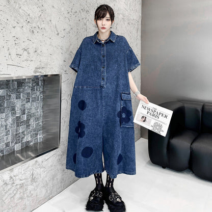 【ボトムス】デザインデニムオールインワン レディース 春夏 花柄 切替 半袖 ゆったりシルエット【AHシリーズ】