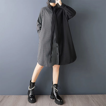 【ワンピース】ダークデザイン 無地×ストライプ 切替 長袖 ワンピース ゆったり【AHシリーズ】