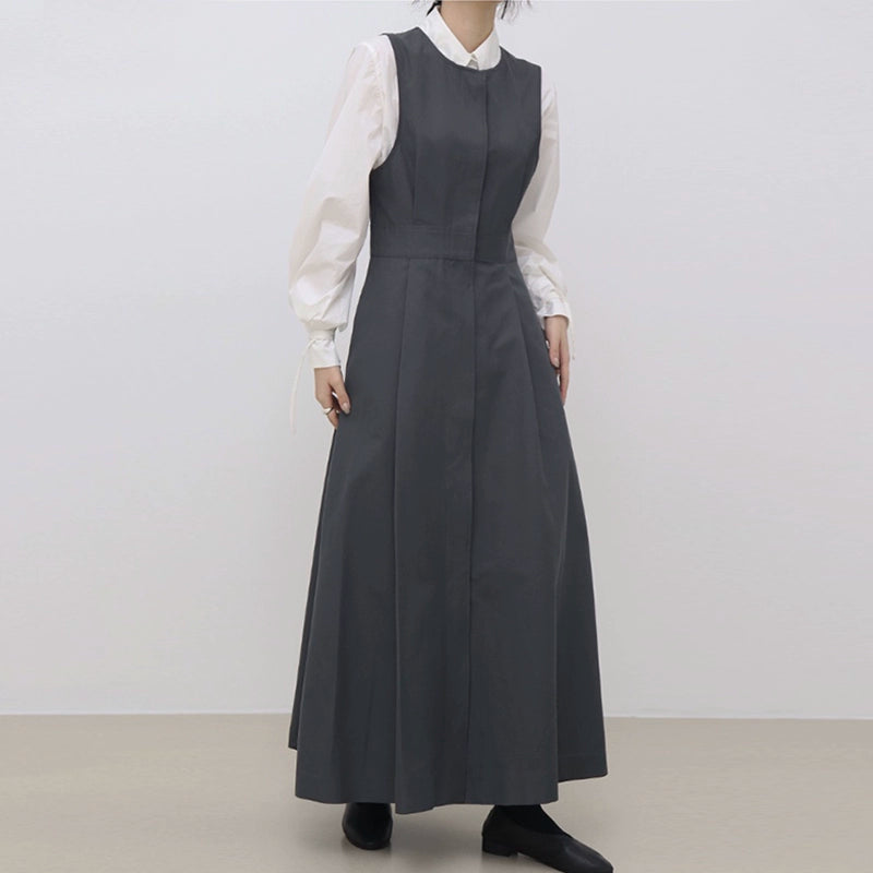 【24AW】【ワンピース】シンプル折り襟 パフスリーブシャツ+ サスペンダーワンピース ワンピースセット